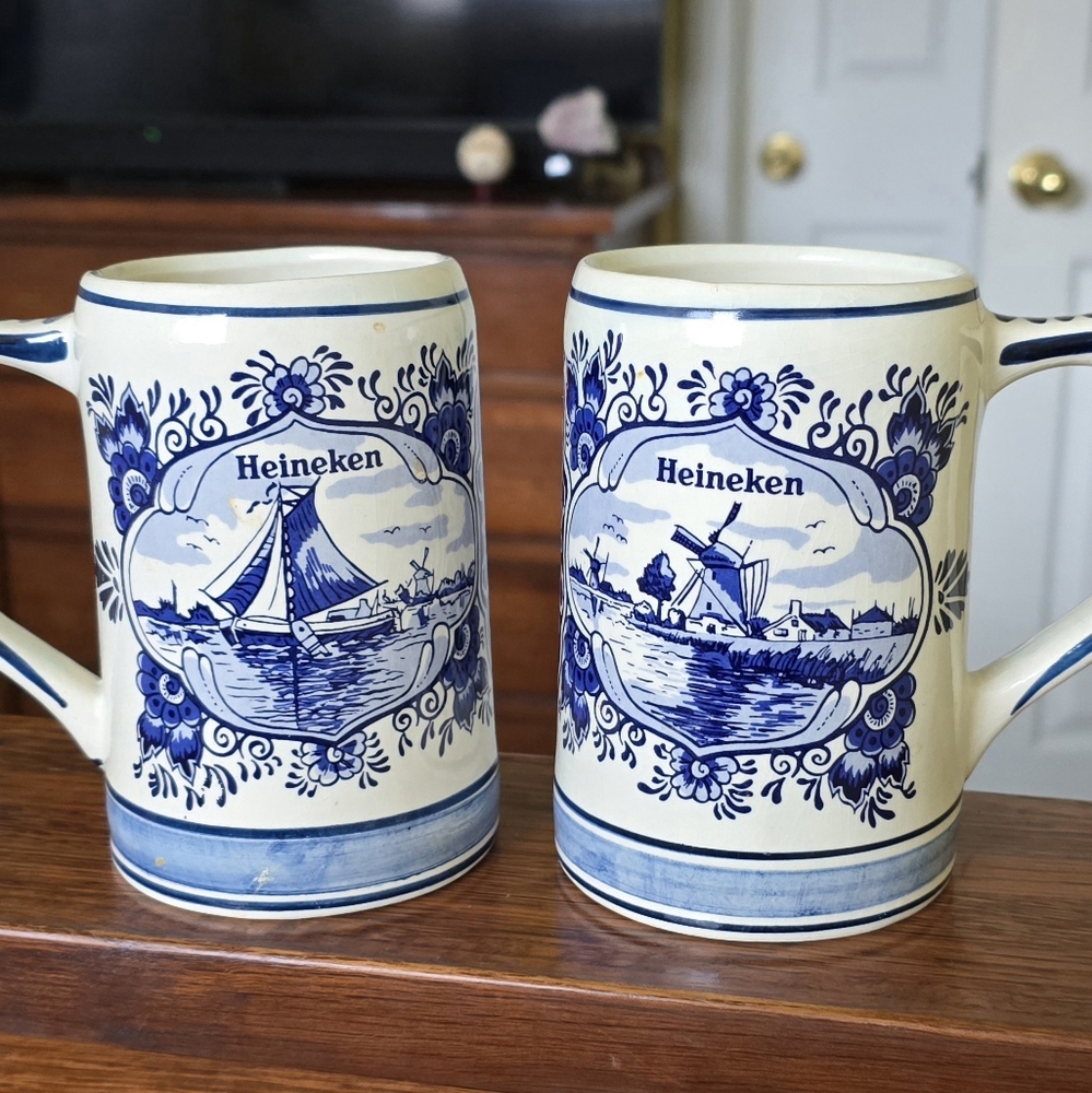 Beautiful Vintage Heineken Beer Steins Hand Painted Accents Delft Blue